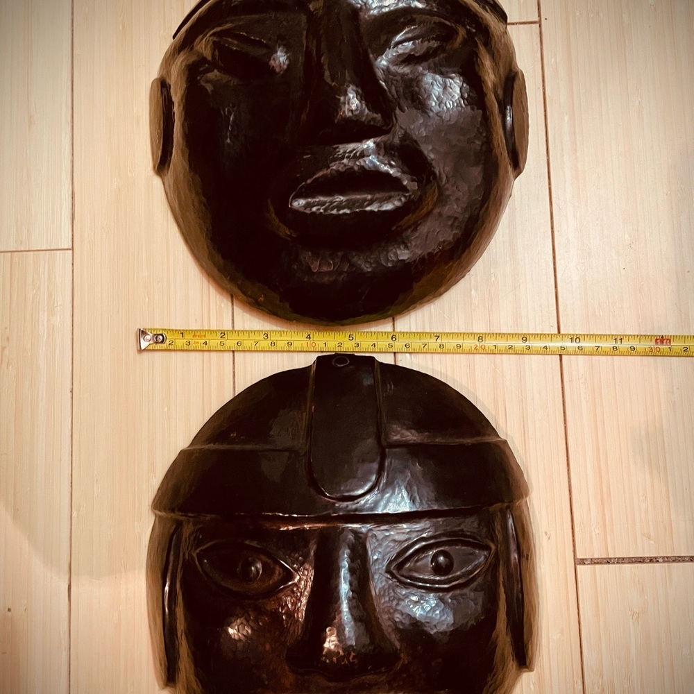 2 VTG RARE Hammered Copper Masks Creepy Aztec Decor 9" Hanging 3D Wall Art - Picture 9 of 9